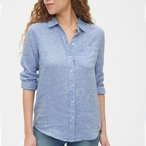 GAP, Chambray Blue Linen Blend Boyfriend Shirt Button Front Relaxed Fit Medium